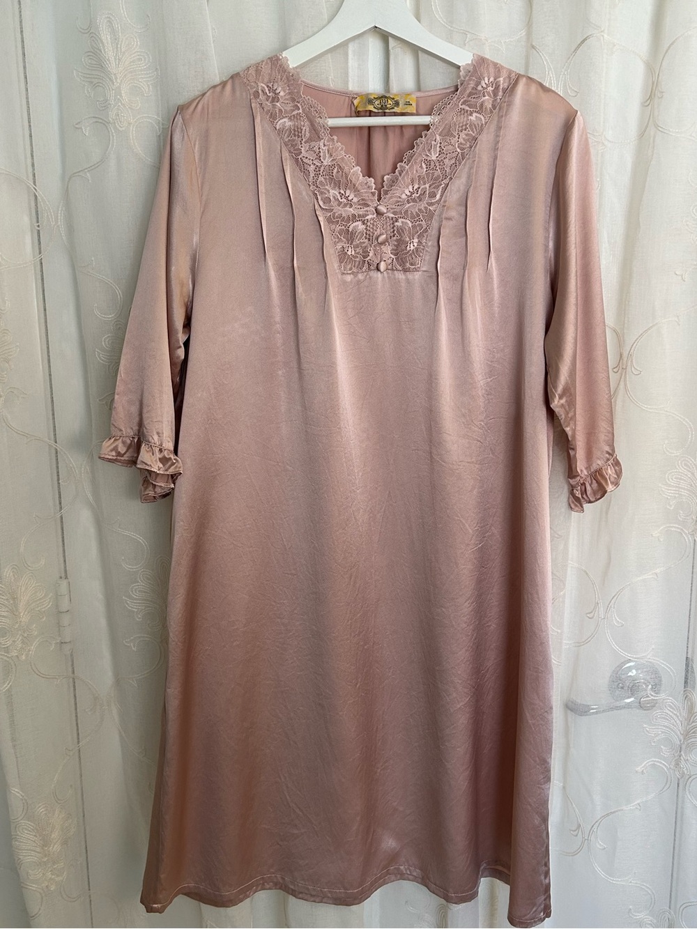 Meibiao 100% Mulberry Silk Nightgown – Pink Lace Ruffle Sleepwear XXL